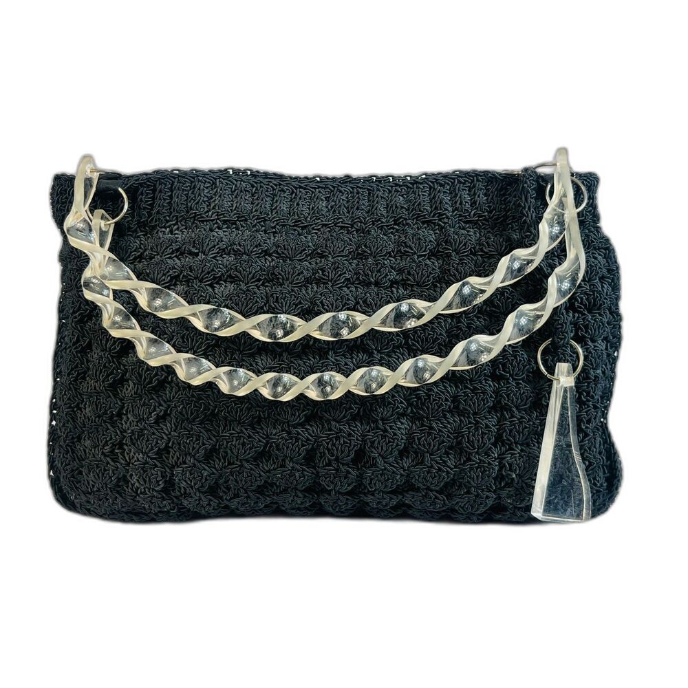 Vintage Mid Century Crochet Black Handbag Tote Satchel Lucite Handles EUC